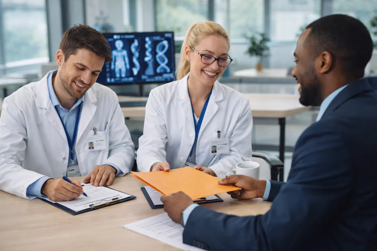 Hiring manager welcoming a biomedical engineer during onboarding in a professional office setting
