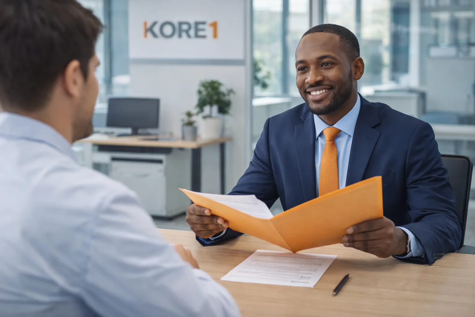 Biomedical engineering candidate meeting with a recruiter from KORE1 in a professional office interview setting