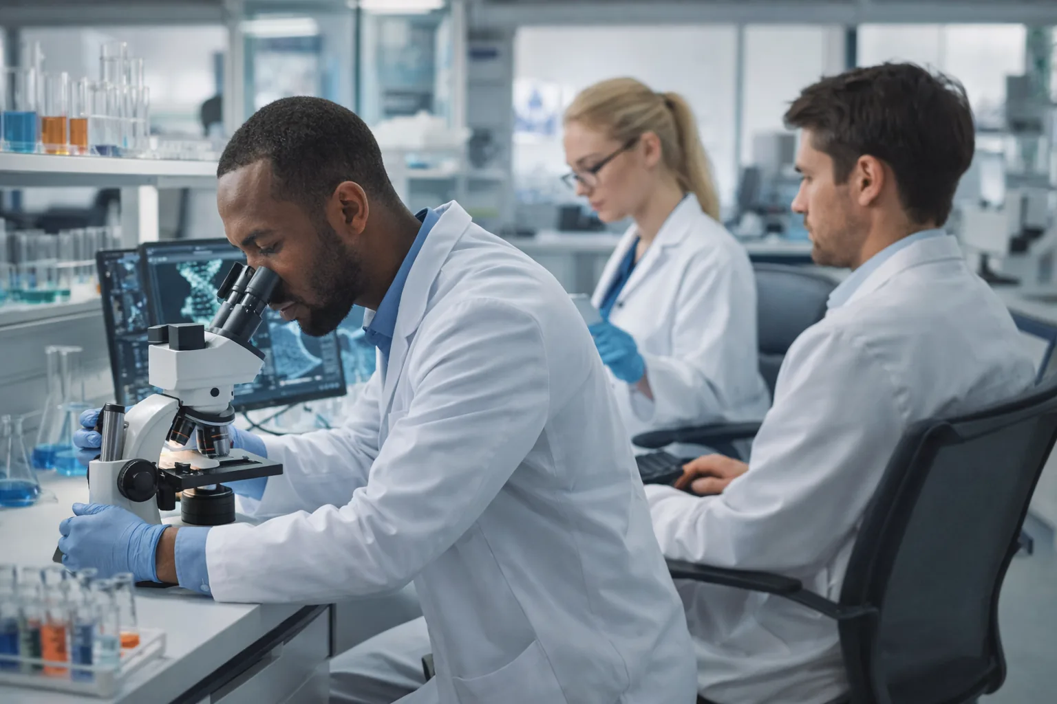 Biomedical engineers collaborating in a laboratory setting with medical devices and research equipment