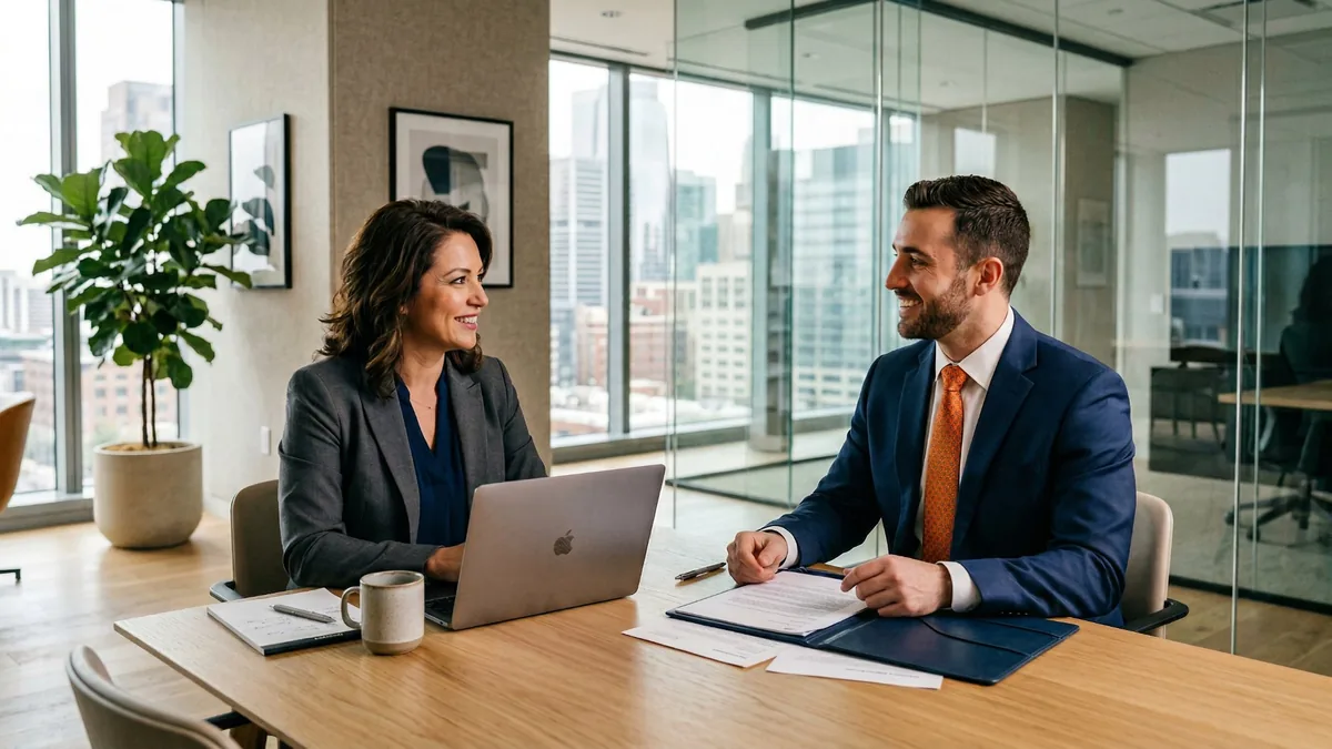 Hiring manager and cybersecurity candidate smiling during a salary discussion in a glass-walled conference room with city skyline and orange tie accent