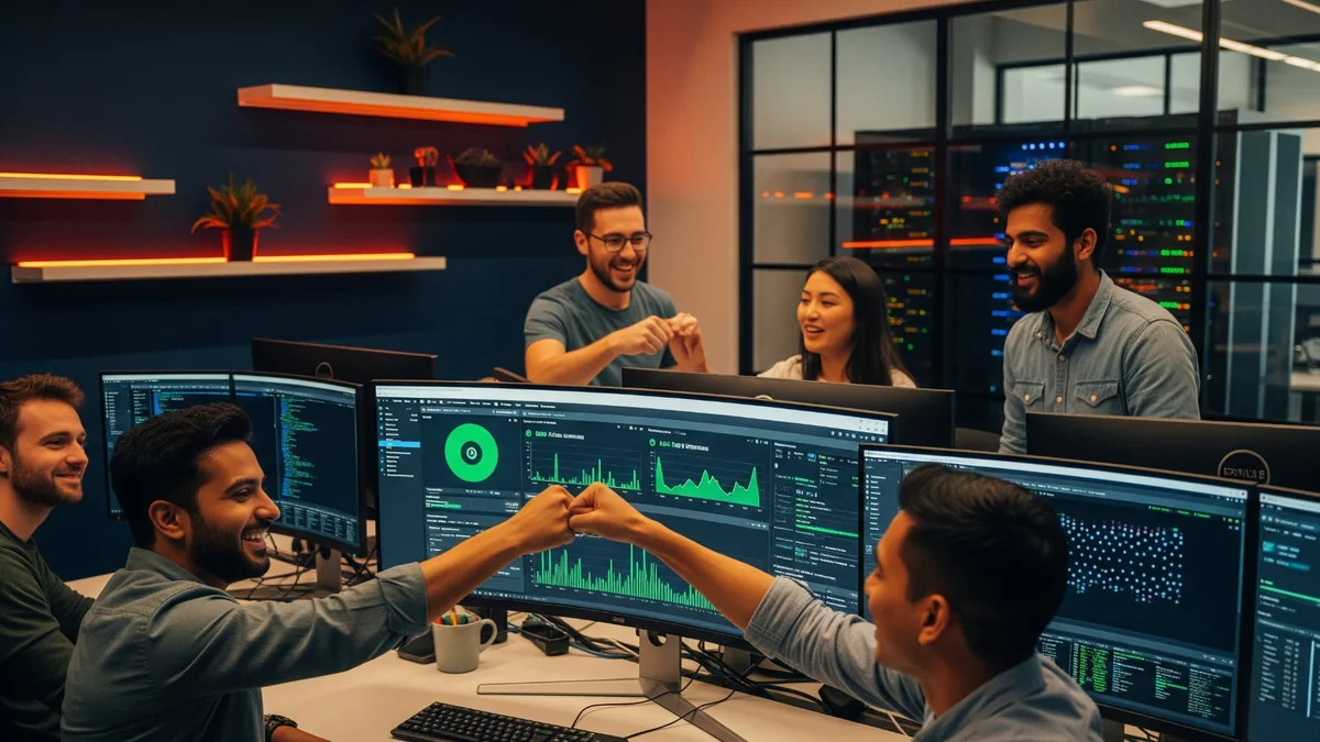 DevOps engineers fist-bumping after a successful deployment with green monitoring dashboards and server racks visible in a modern office with dark navy walls and orange shelf lighting