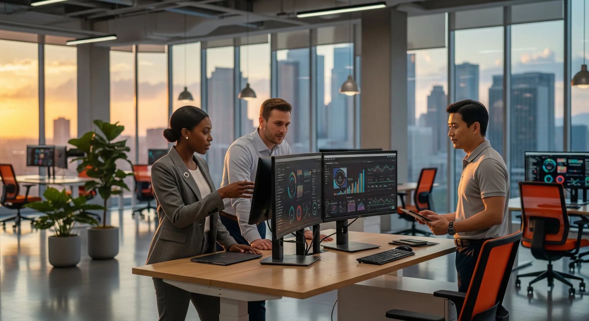 Diverse team of AI engineers collaborating at standing desk with data dashboards in modern office with city skyline at sunset