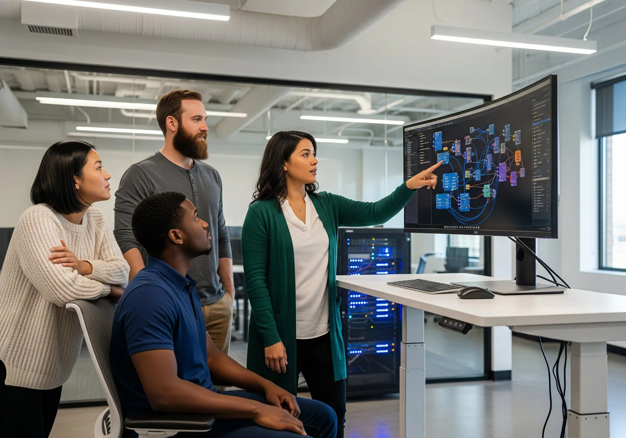 Diverse team of four AI engineers collaborating around curved ultrawide monitor displaying neural network diagram with server racks in background