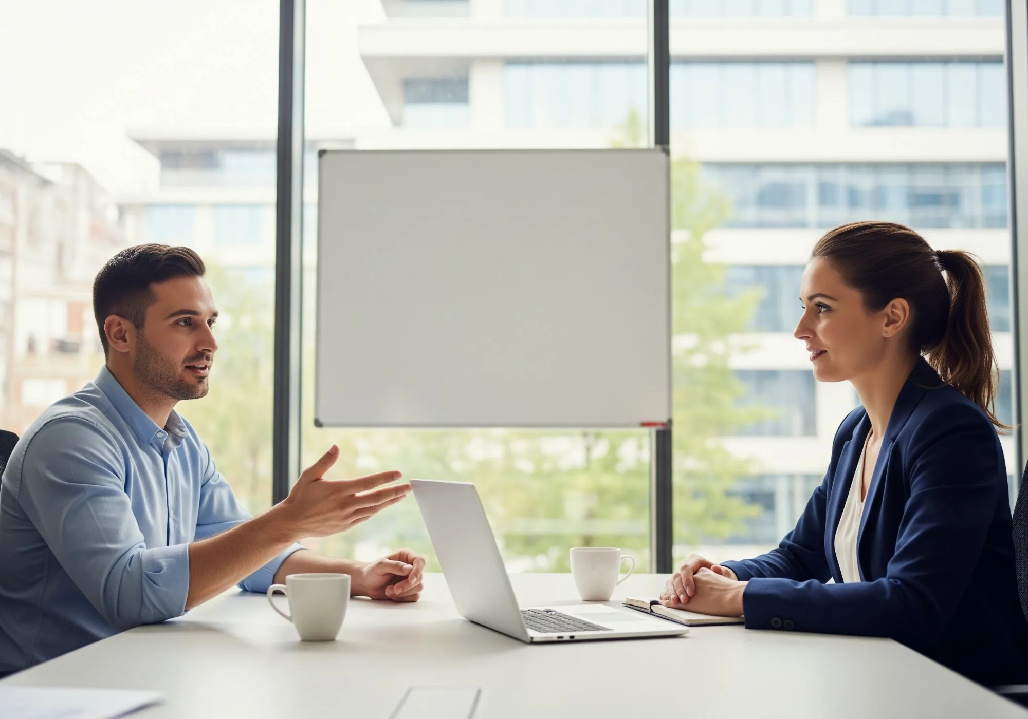 Male AI engineer candidate gesturing naturally during interview with female hiring manager in bright modern conference room