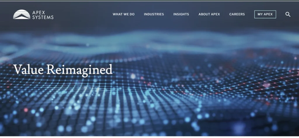 Apex Systems IT staffing and services firm homepage showing technology consulting and workforce solutions