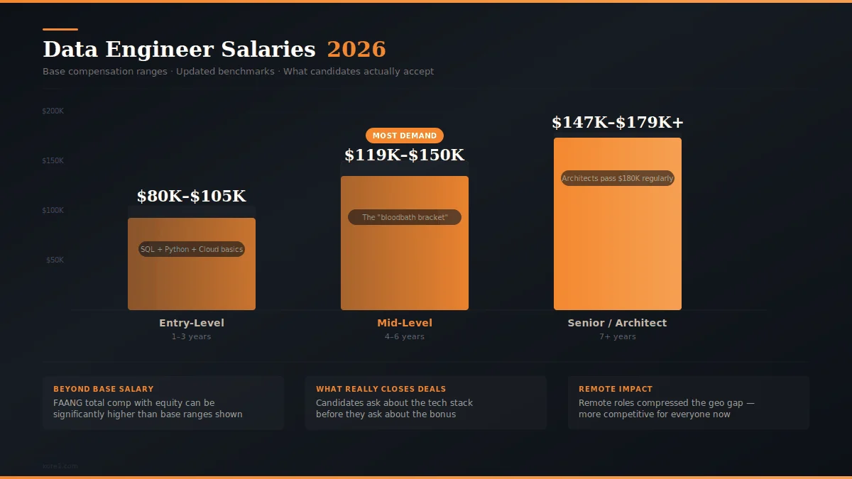 Bar chart comparing 2026 data engineer salaries by experience level showing entry-level at $80K to $105K, mid-level at $119K to $150K labeled as most demand, and senior architects at $147K to $179K plus, with insights on total comp, tech stack importance, and remote work impact