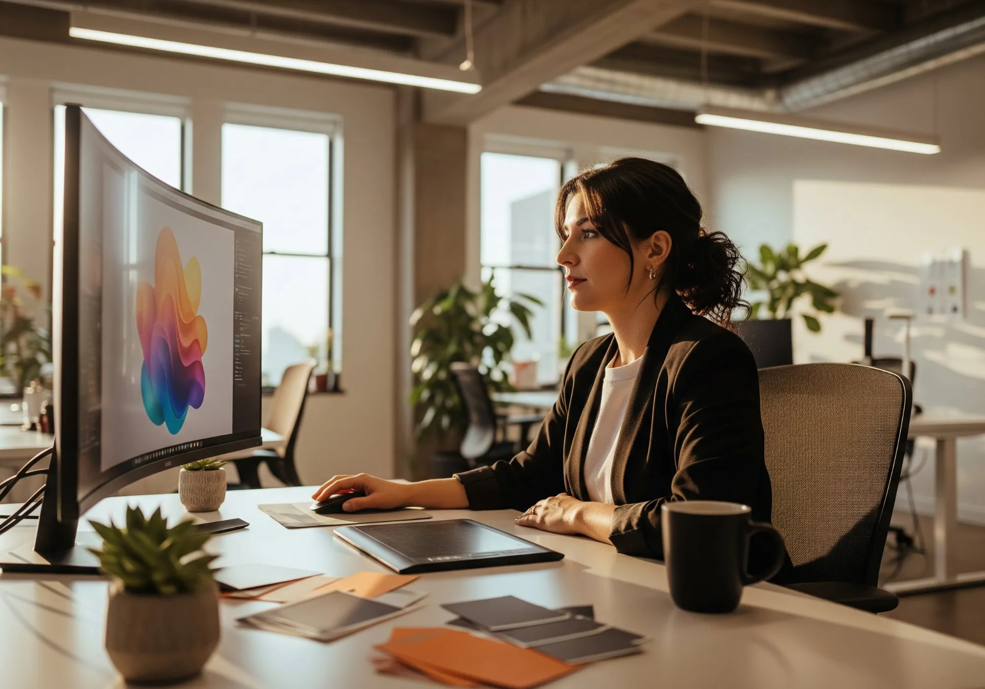 Female creative professional working at a modern design workstation with drawing tablet and curved monitor in a bright agency office