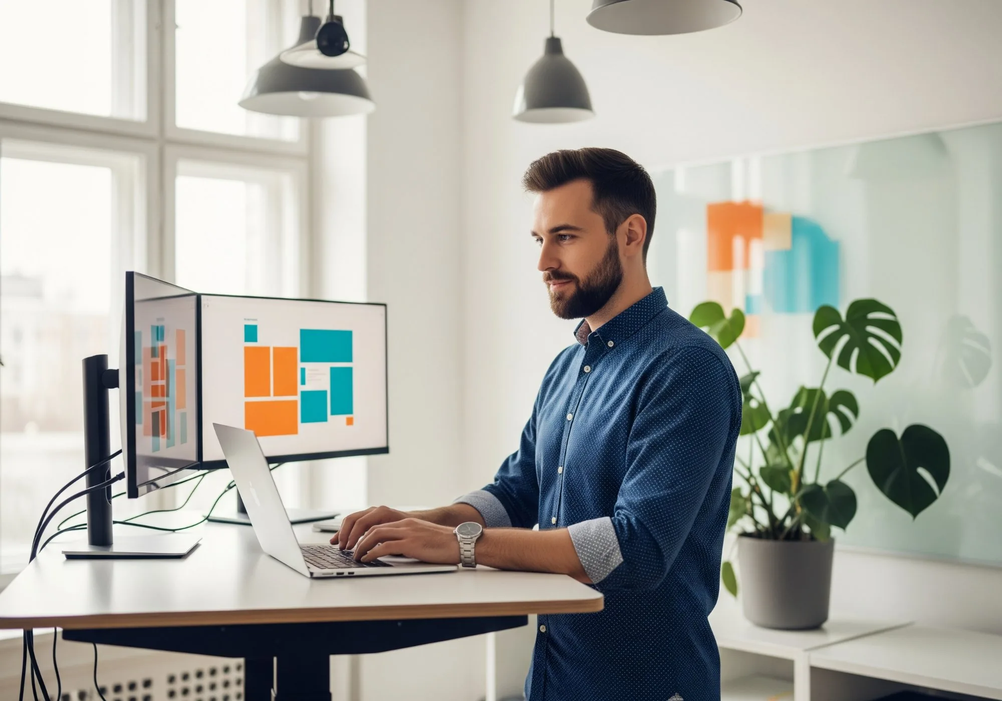 Male marketing professional working at a standing desk with laptop and monitor displaying colorful campaign content in a bright creative office