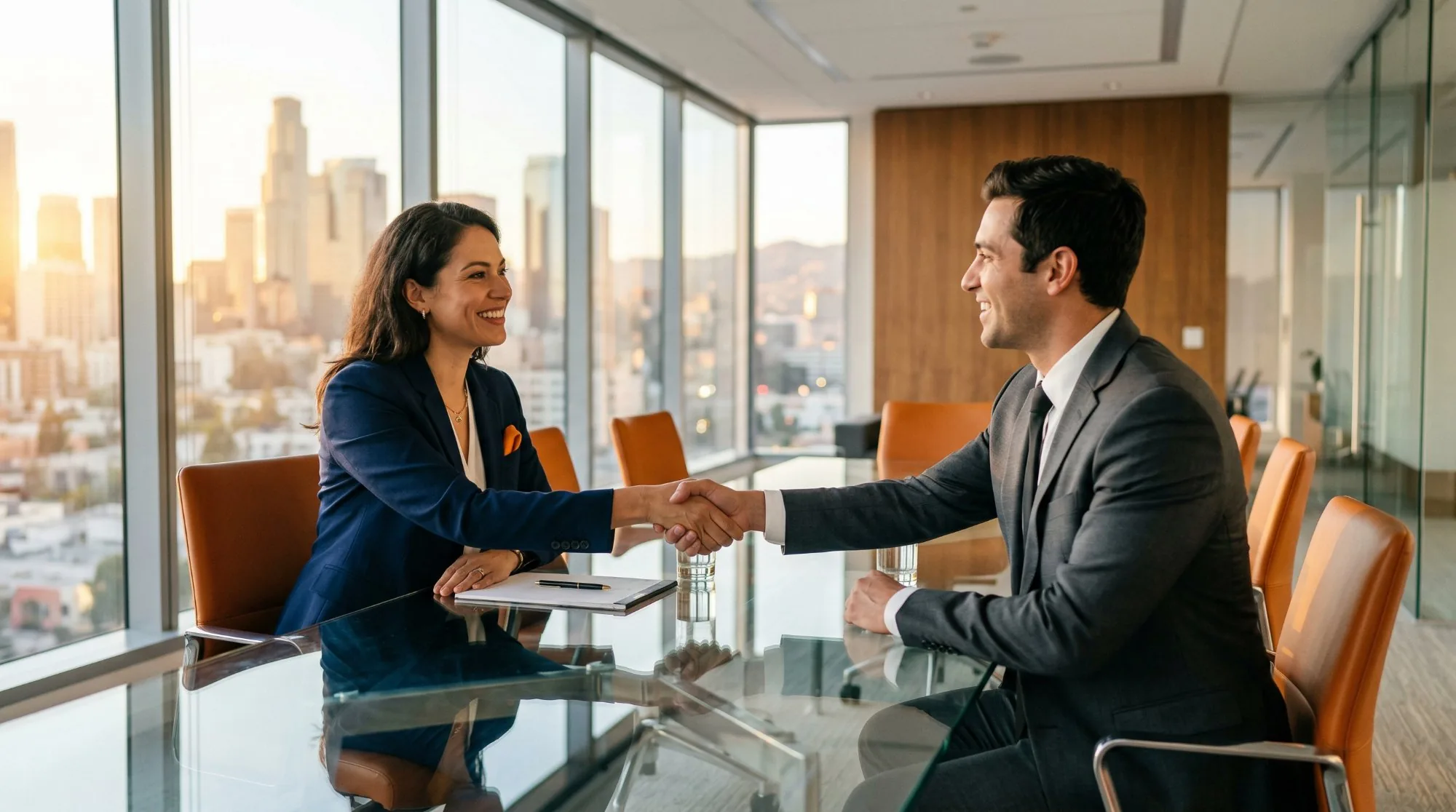 Hiring manager shaking hands with a candidate across a conference table in a modern Southern California office with floor-to-ceiling windows