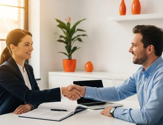 Recruiter in a navy blazer shaking hands with an engineer across a desk in a modern office with orange decorative accents and warm natural window light