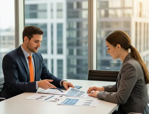 Recruiter in a navy suit with orange tie meeting with an engineer in a high-rise conference room reviewing staffing documentation with city views