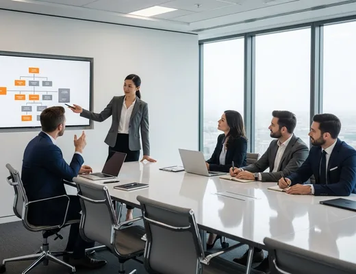 Corporate planning meeting with five professionals in a modern boardroom discussing engineering workforce strategy with an organizational chart in orange and gray displayed on a large screen