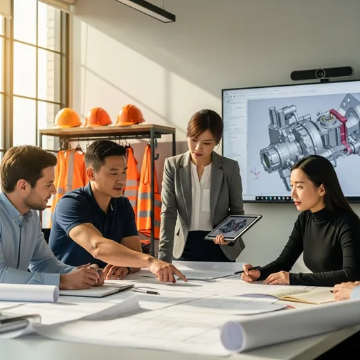 Diverse engineering team of four professionals collaborating around blueprints and technical drawings with a 3D CAD model on a monitor and orange safety gear visible