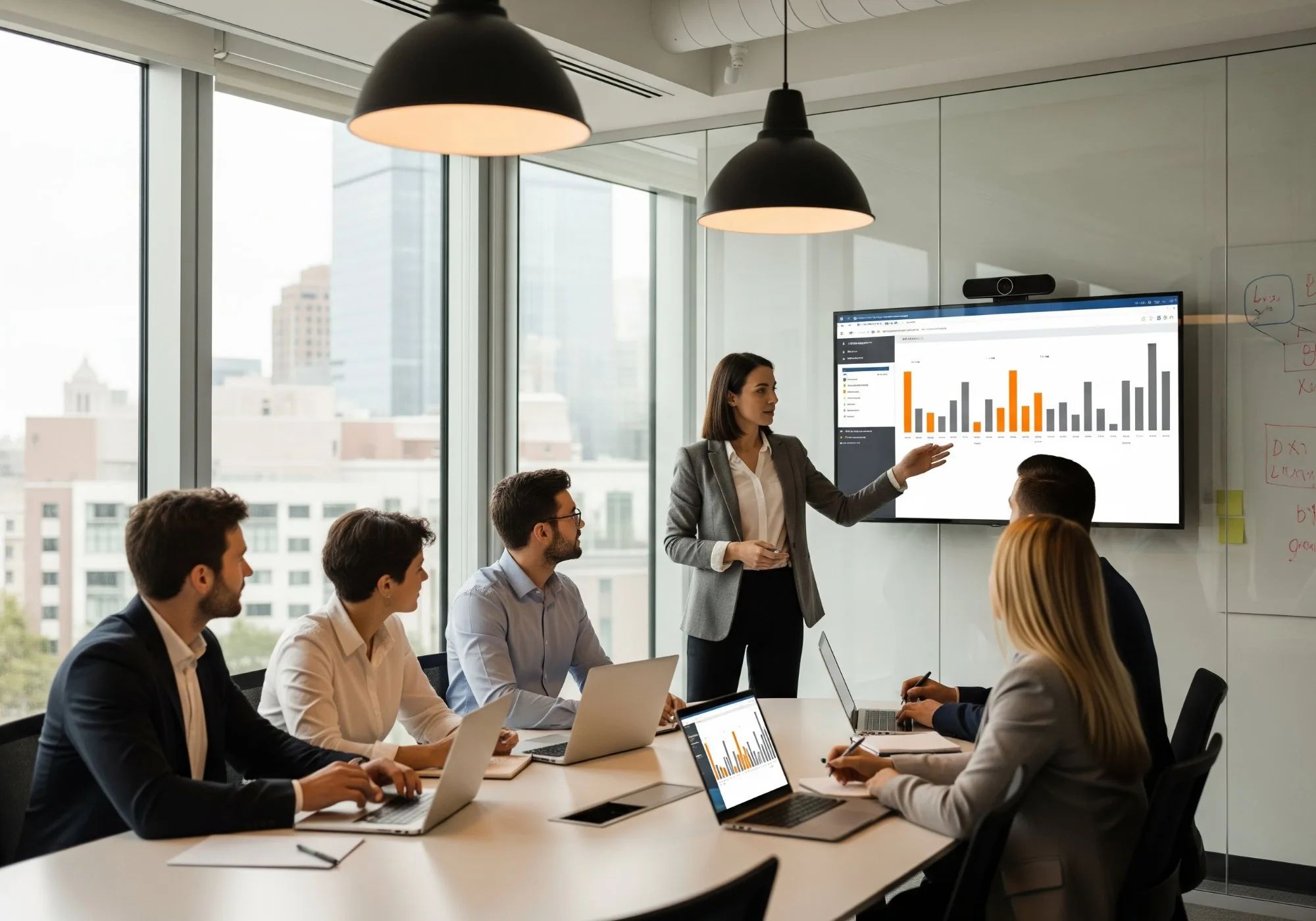 Healthcare IT professional in white lab coat reviewing electronic health records and clinical analytics on dual monitors at hospital workstation