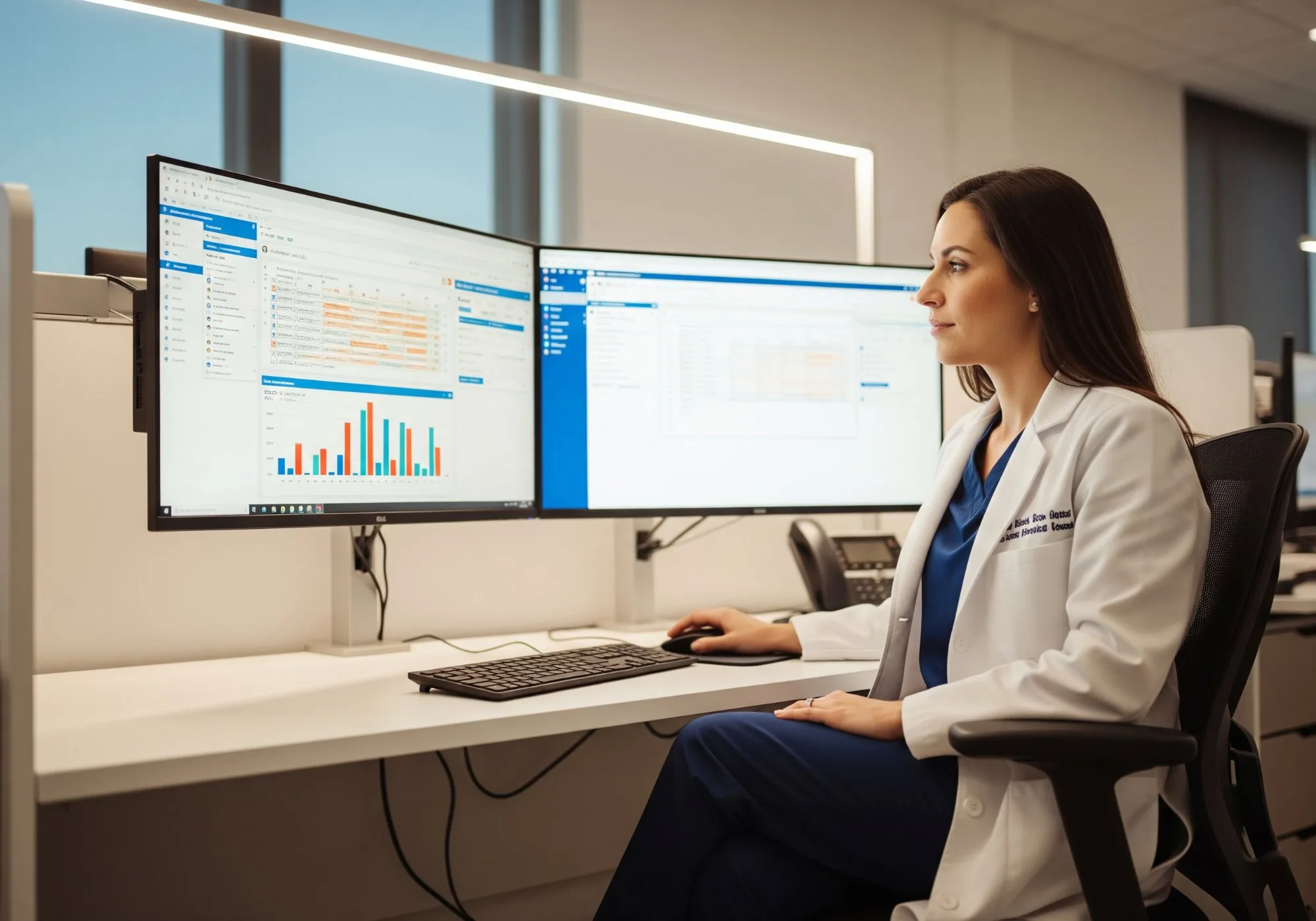 Healthcare IT team reviewing analytics presentation with orange and gray charts in a modern conference room with city views