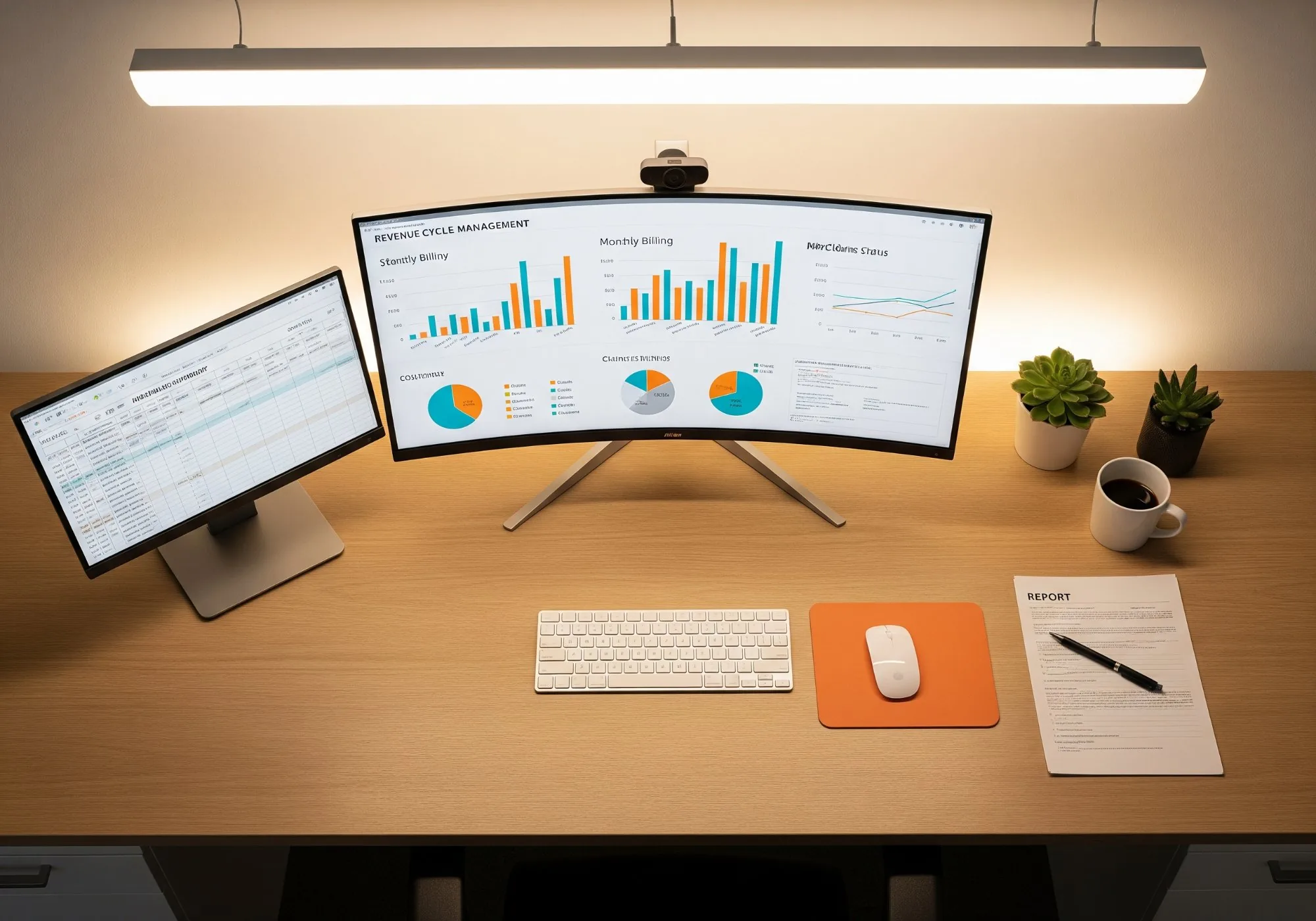 Doctor, nurse, and IT technician collaborating on clinical technology using a tablet in a modern hospital corridor