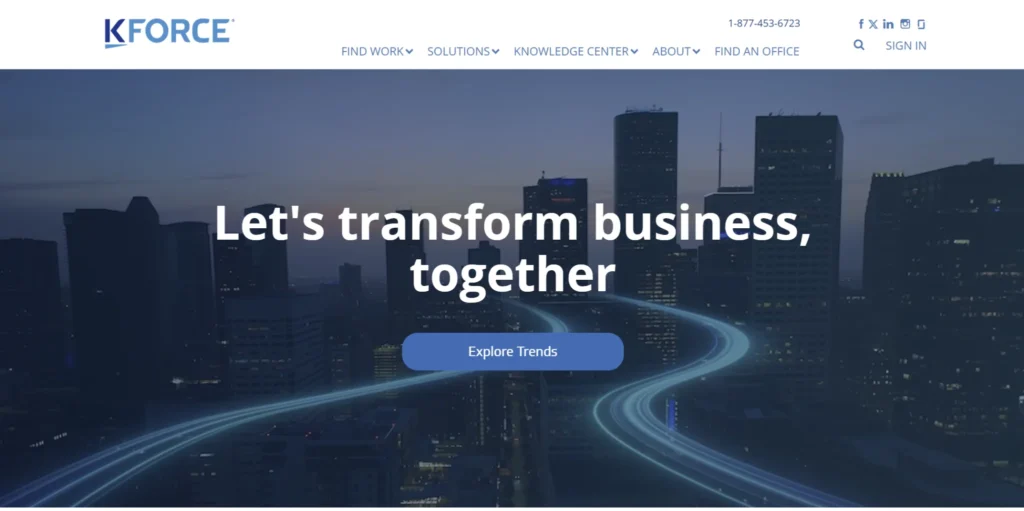 Kforce technology staffing firm homepage showing enterprise IT recruiting and staffing solutions with city skyline