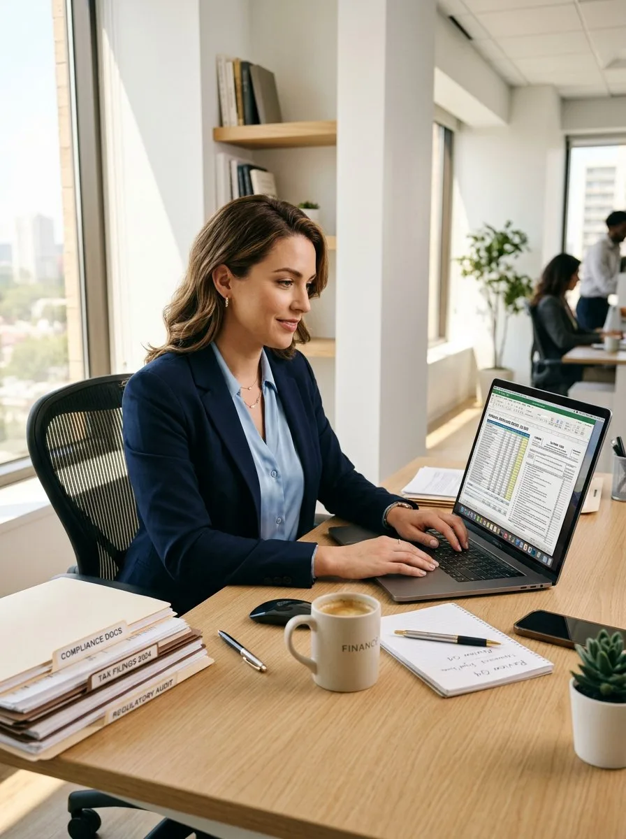 Finance professional reviewing compliance documents and tax reports at a modern desk