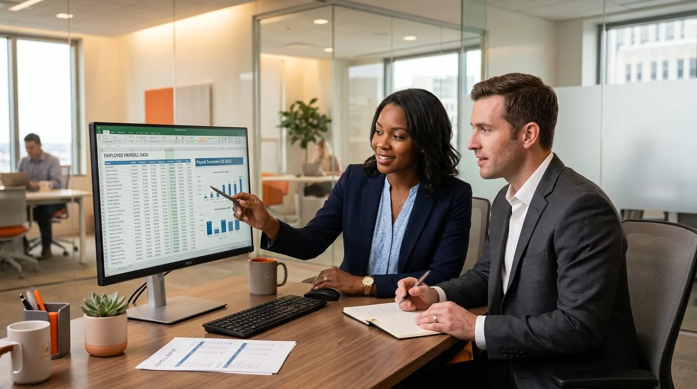 Professional reviewing payroll reports on laptop in modern office with financial dashboards on screen
