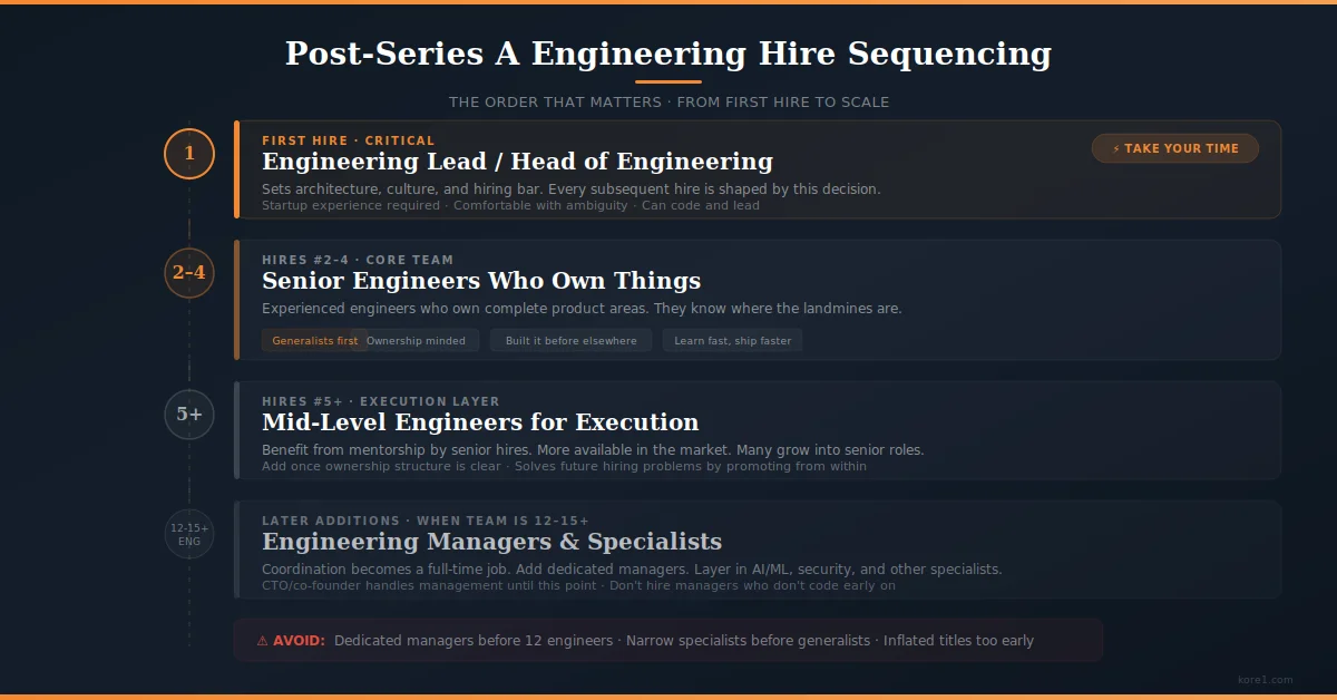 Flowchart showing the correct order for post-Series A engineering hires from engineering lead as hire number 1 through senior engineers as hires 2-4 then mid-level engineers and finally managers and specialists at 12-15 plus team size