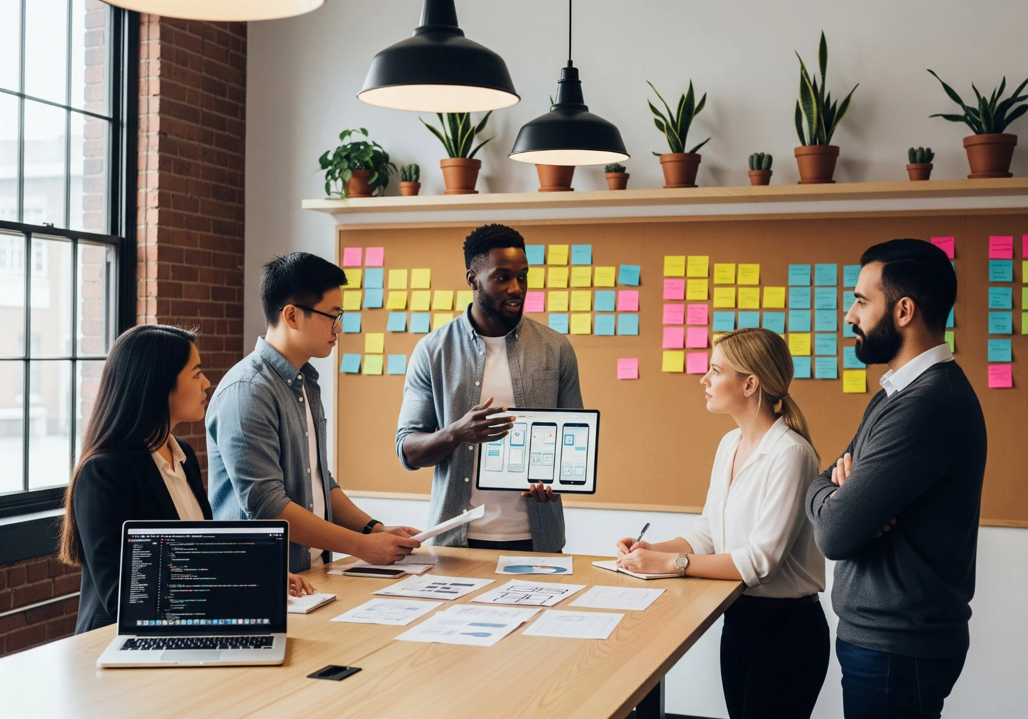 Cross-functional product development team collaborating around standing table with UX wireframes and agile sprint board in tech office