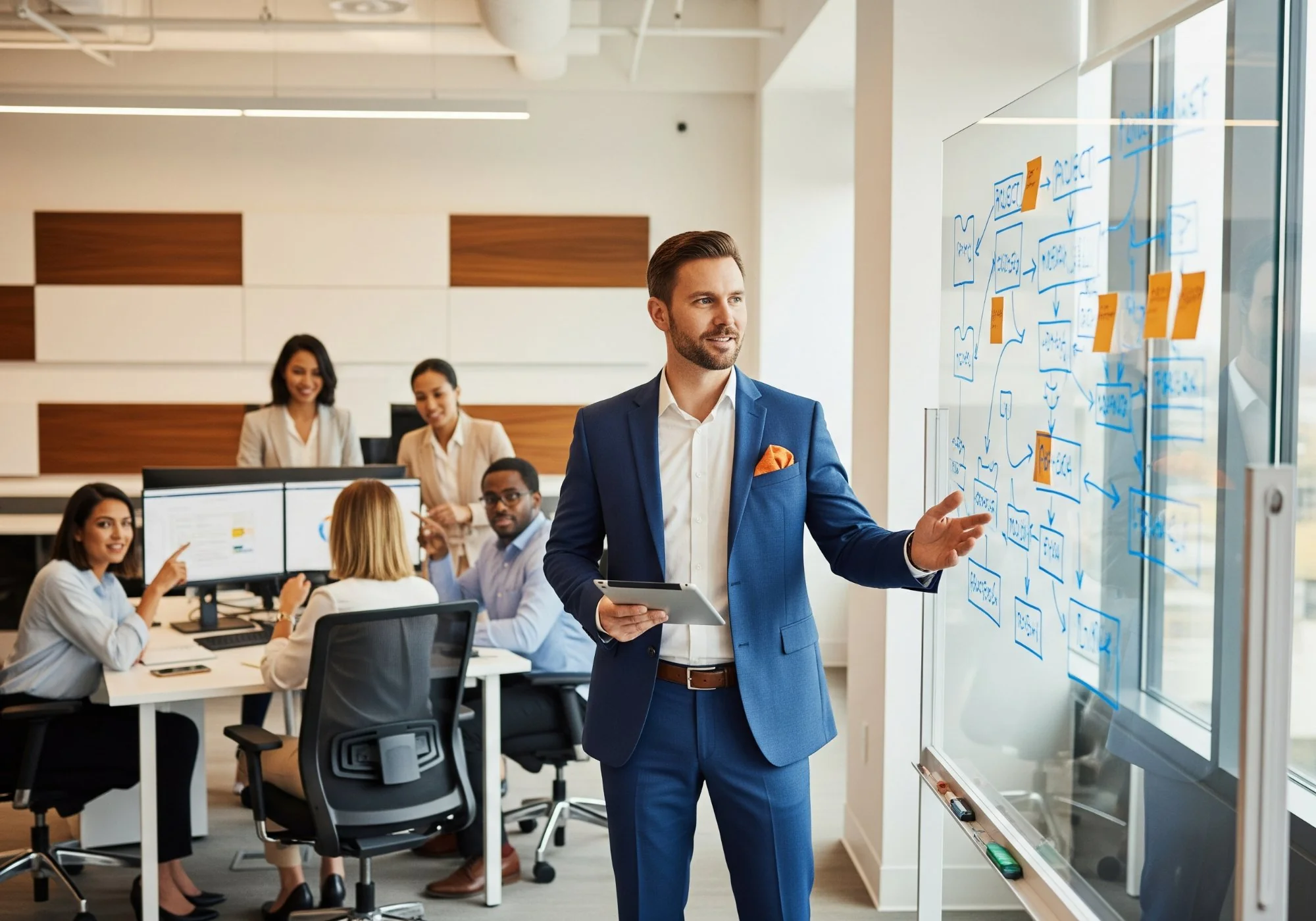 Project manager in blue suit presenting workflow diagrams on glass whiteboard while diverse team collaborates at workstations