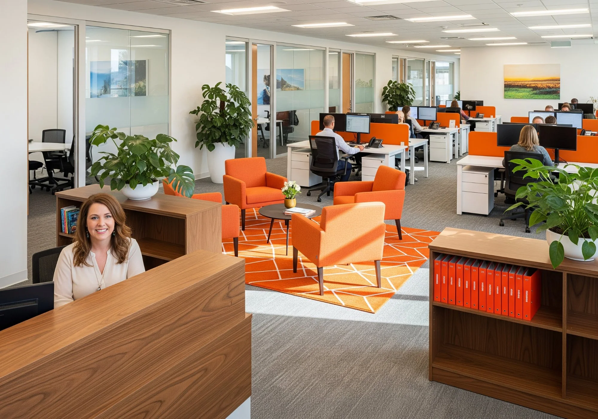 Modern staffing agency office with warm orange accent chairs, geometric rug, walnut reception desk, and collaborative open-plan workspaces