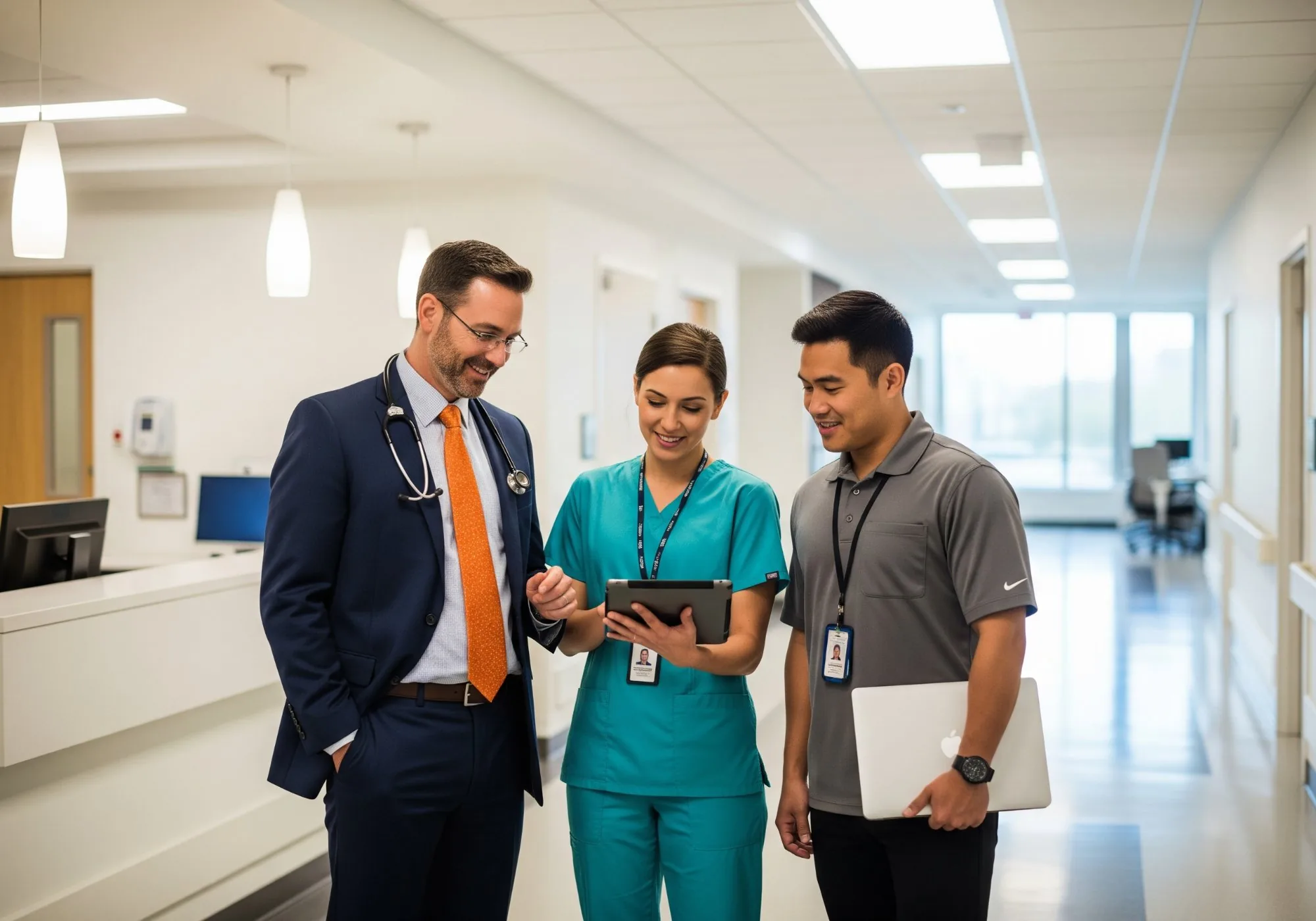 Healthcare revenue cycle management workspace with dual monitors displaying billing analytics, claims metrics, and financial performance charts