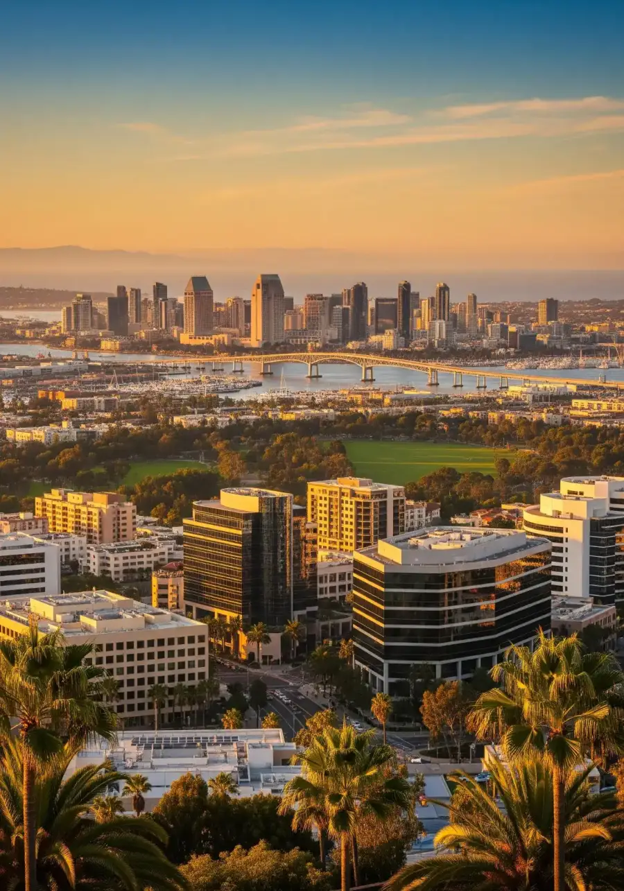 San Diego skyline with Coronado Bridge at golden hour