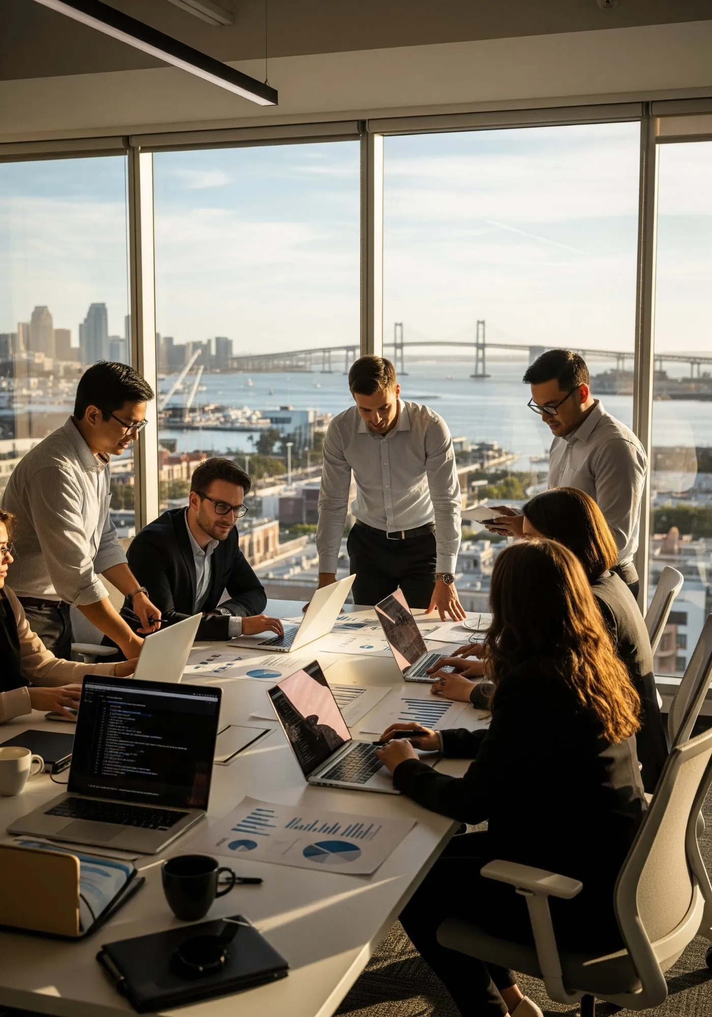 IT professionals collaborating in a San Diego office with harbor views