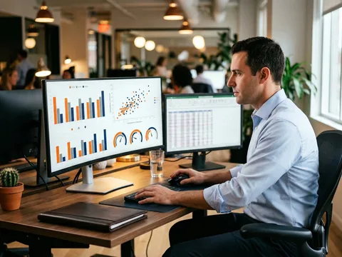 Salary benchmarking data visualization on a monitor showing software engineer compensation ranges across experience levels and regions