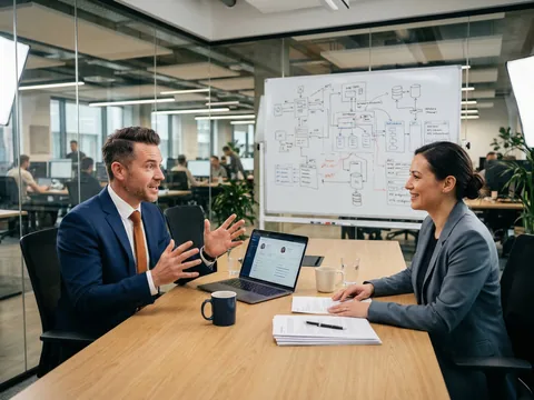 KORE1 recruiter discussing software engineer staffing requirements with a hiring manager over a whiteboard filled with technical architecture diagrams