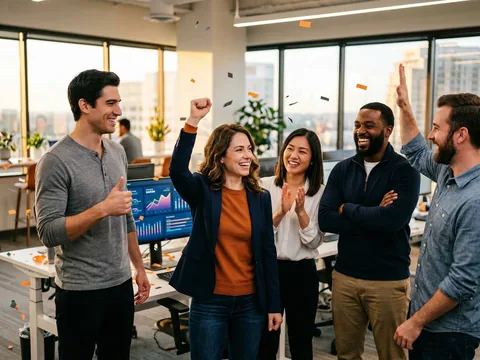 Happy software engineering team celebrating a successful product launch in a modern tech office with KORE1 branding