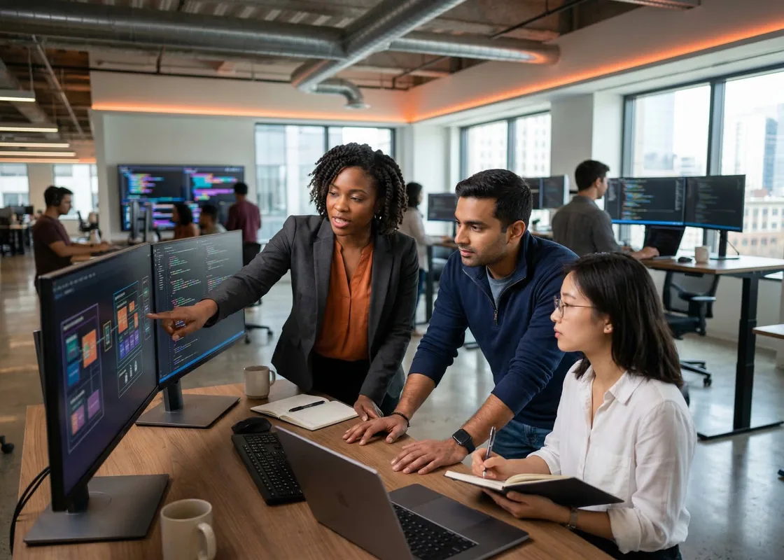 Software engineering team collaborating on code review in a modern office with multiple monitors showing application architecture