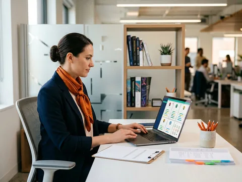 Recruiter reviewing software engineer candidate profiles on a laptop with technical screening notes and assessment scorecards visible