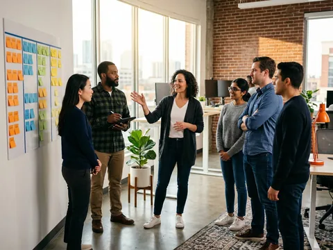 Software engineering team at a standup meeting discussing sprint planning with sticky notes on a kanban board in a bright office