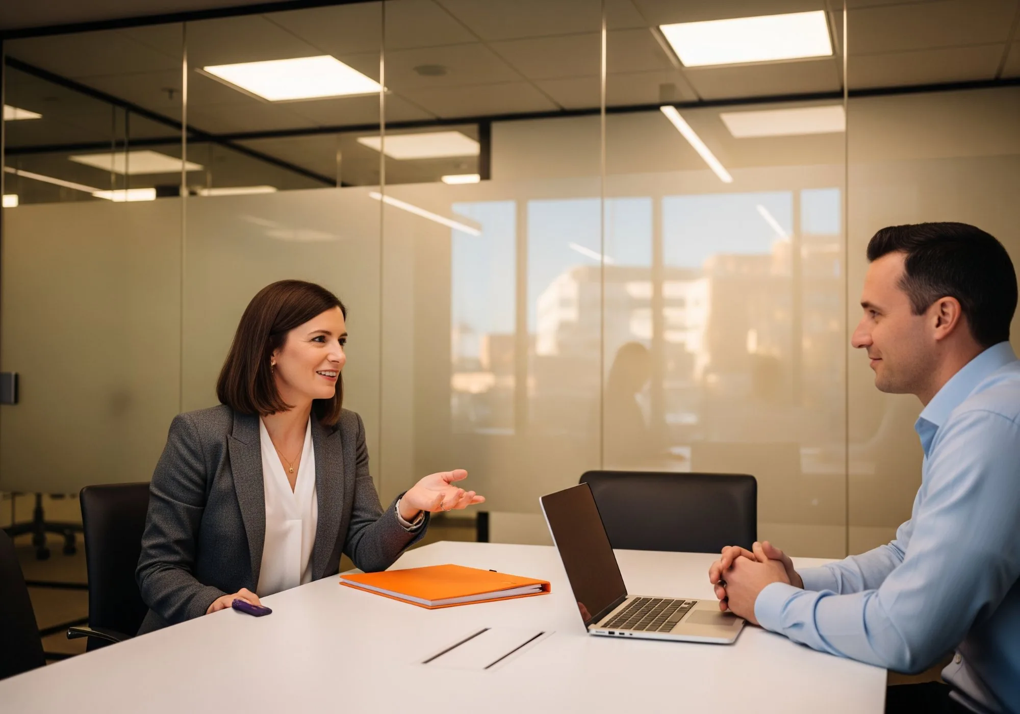 Two business professionals in a one-on-one staffing consultation meeting at a modern glass-walled conference room with orange portfolio folder