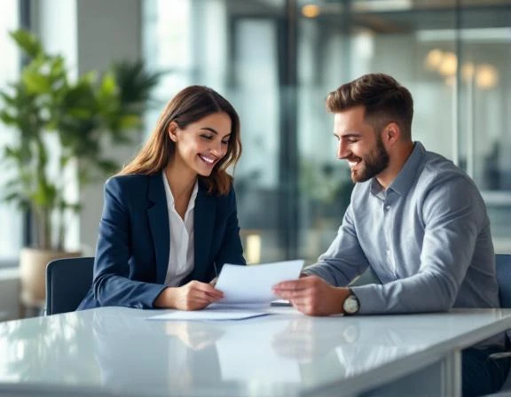 Contract staffing recruiter interviewing an IT professional at a modern Southern California office - KORE1 Workforce Solutions