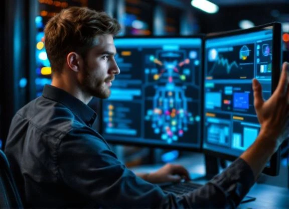 Cybersecurity specialist working at dual monitors in a server room - hard-to-find IT talent available through KORE1 contract staffing