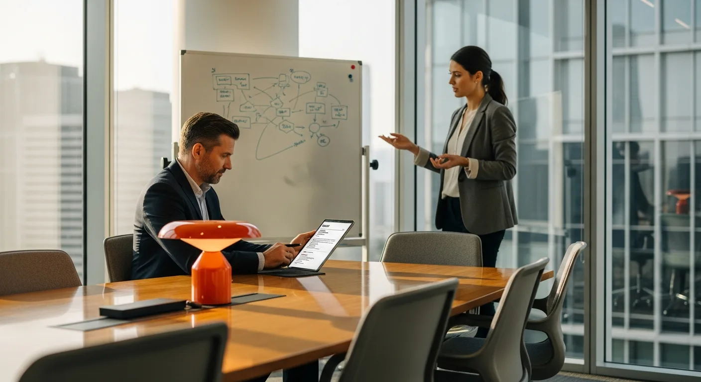 Hiring manager interviewing an AI engineer candidate in a professional office setting