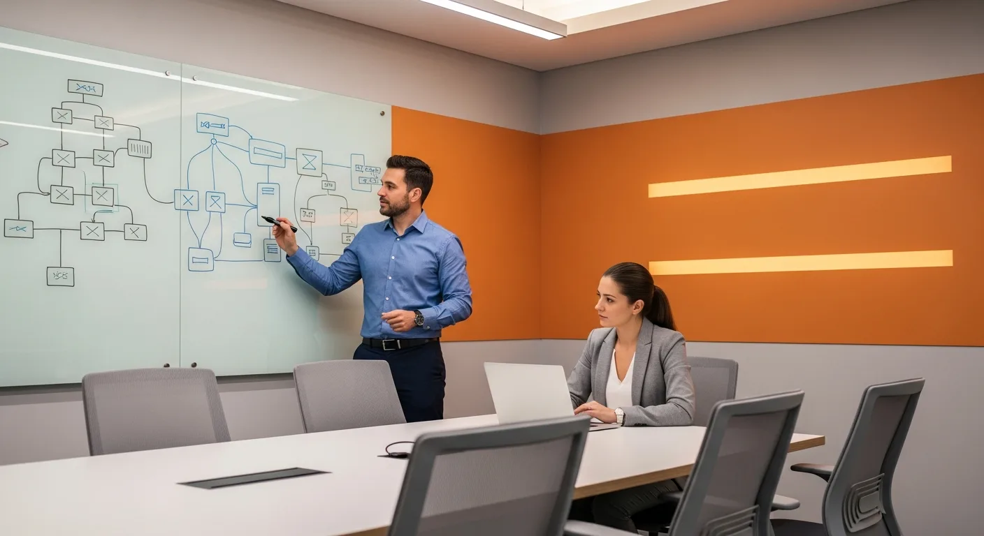 AI engineering team at whiteboard planning model architecture and deployment pipeline for enterprise project