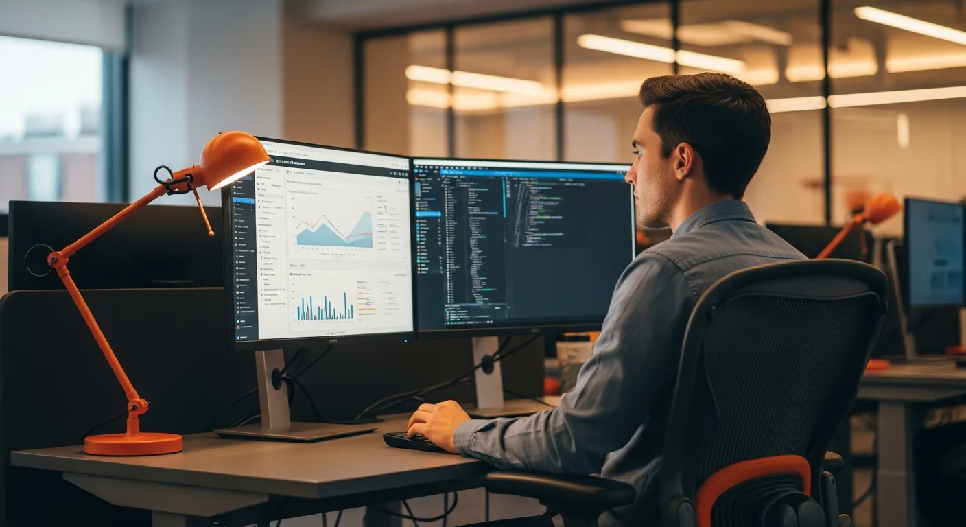 AI engineer at dual-monitor workstation reviewing LLM model performance dashboards in a modern tech office