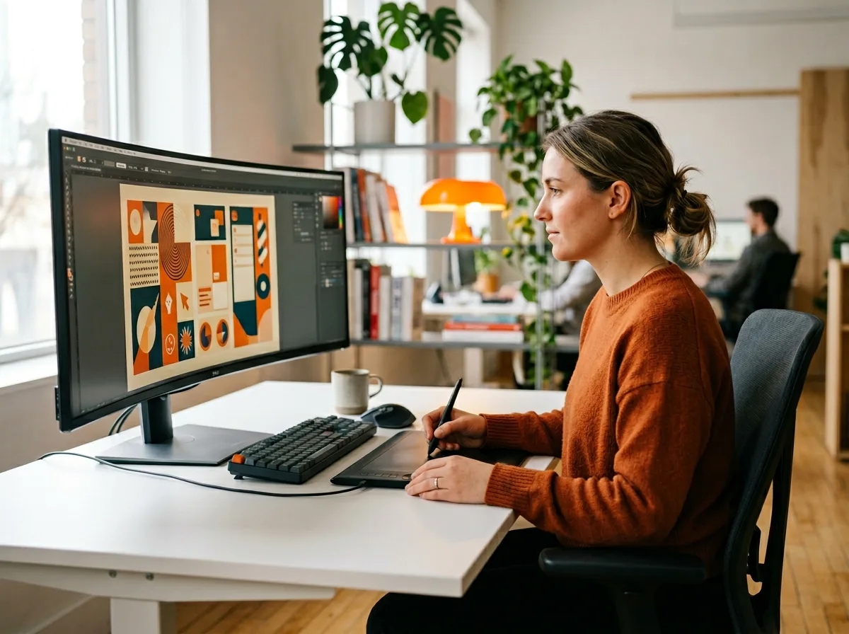 Graphic designer working at a studio desk with drawing tablet, design mockups, and warm orange accents in a bright professional creative workspace