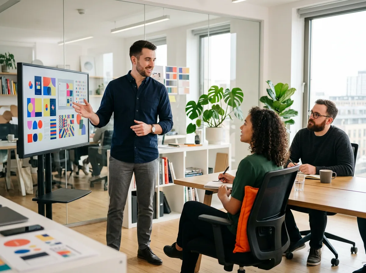 Graphic designer presenting finished brand design work on a large studio monitor to two colleagues in a bright modern creative office with orange accent lighting