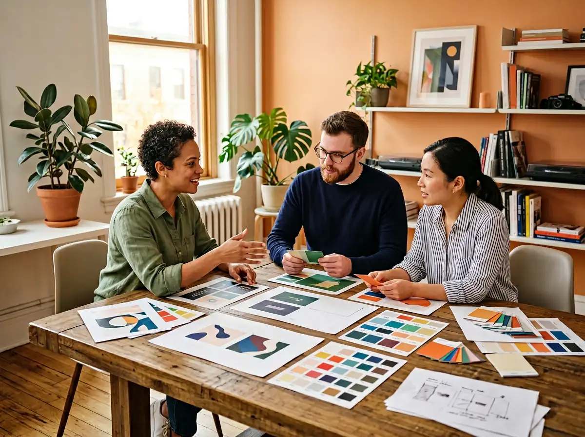 Creative team reviewing brand identity design mockups spread across a large studio table in a warm, professionally lit creative office