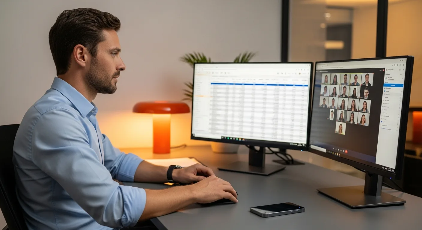 Recruiter at dual-monitor desk managing Microsoft layoff candidate pipeline 2026